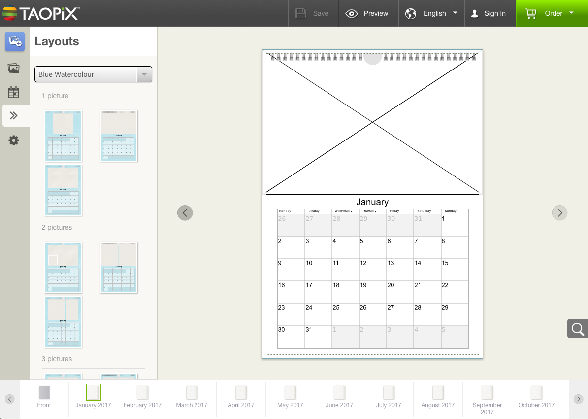 Taopix Creator with calendar design on computer screen